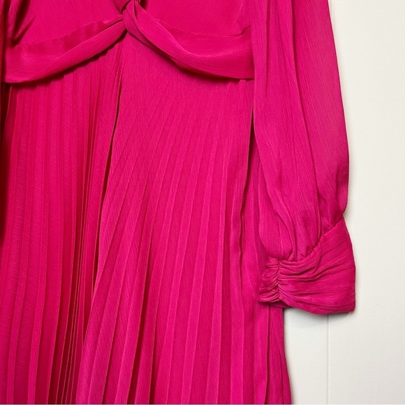 ZARA Pleated Midi Dress Large Fuchsia pink solid long sleeve flowy twist front - Picture 4 of 14